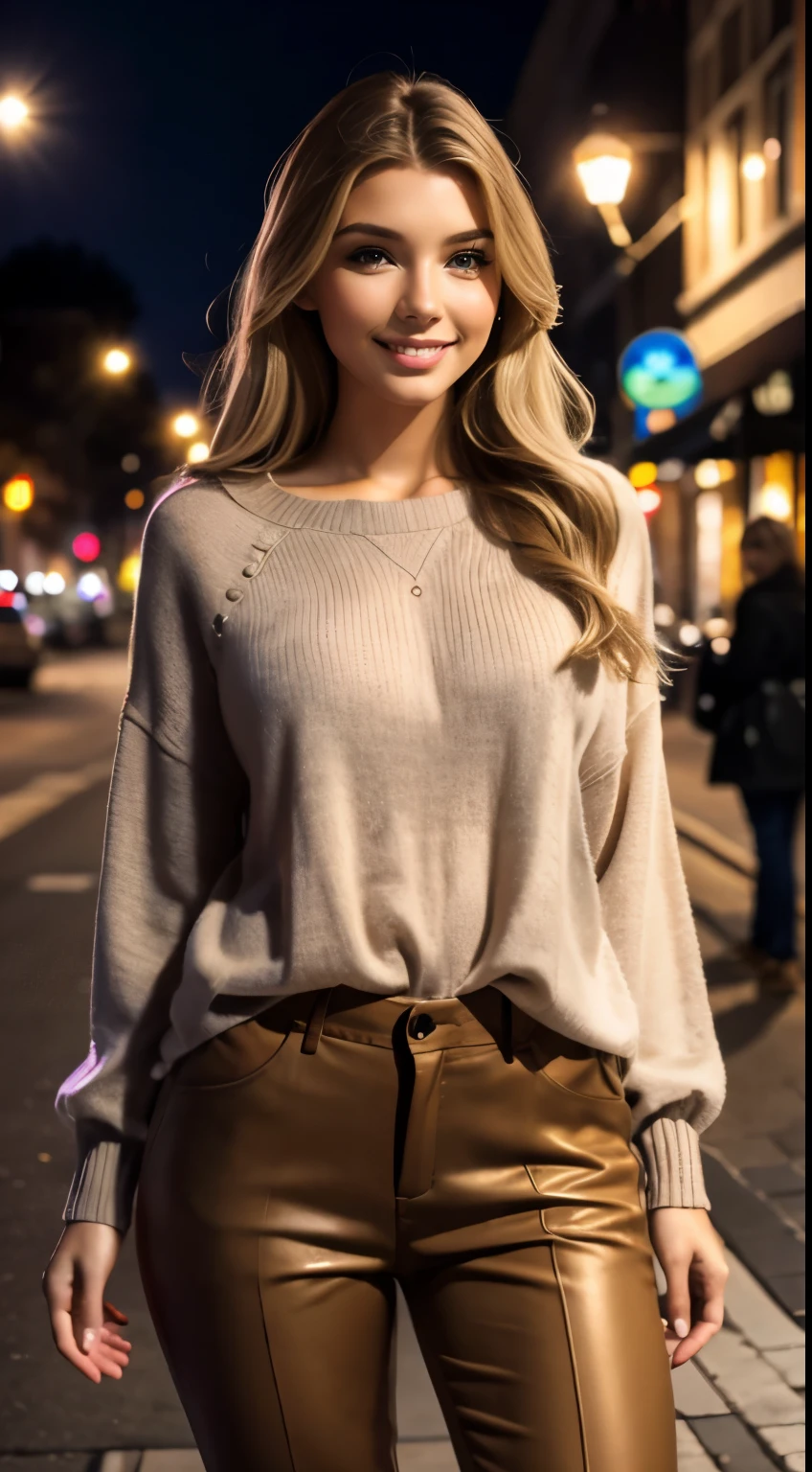 Foto hiperrealista en primer plano de Emily Sears , masterpiece, best quality, (photorealistic:1.4), full body, (light brown light brown Casual 3/4 Sleeve Loose Tunic Tops Lightweight Knit Fall Pulover Sweater Blouses:1.2), (brown luxury  pants:1.1), heels,  woking on the street, night, during the night, neons, cinematic light, beautiful woman, skinny, large breasts, blond straight hair, detailed face, smile, jumping, age 20 years old