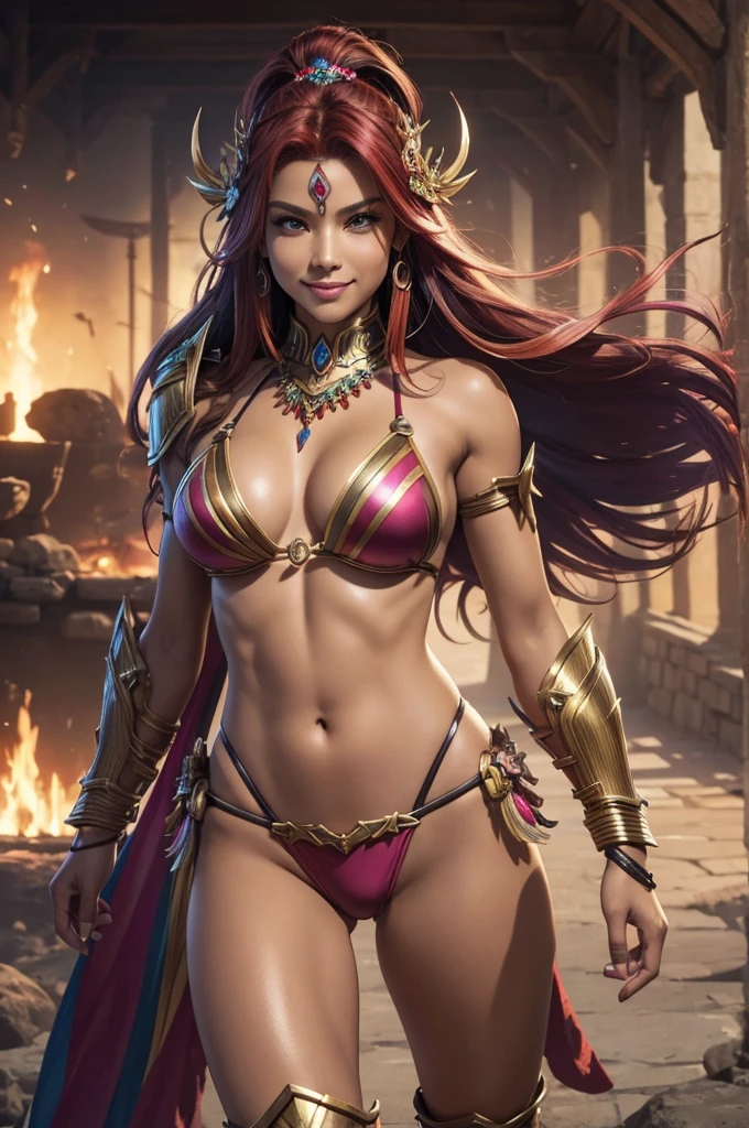 4K,high resolution,Amazoness,multicolored hair,evil smile,tan,bikini armor,full body,sexy,shiny skin,hair ornament,