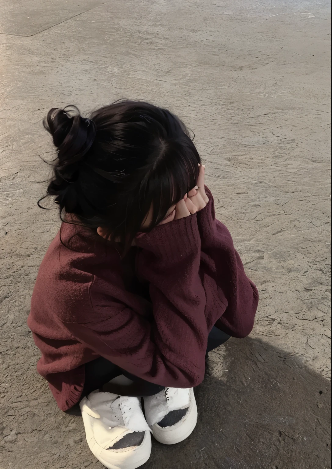 GIrl sitting 8n the floor , blue top, hiding her face