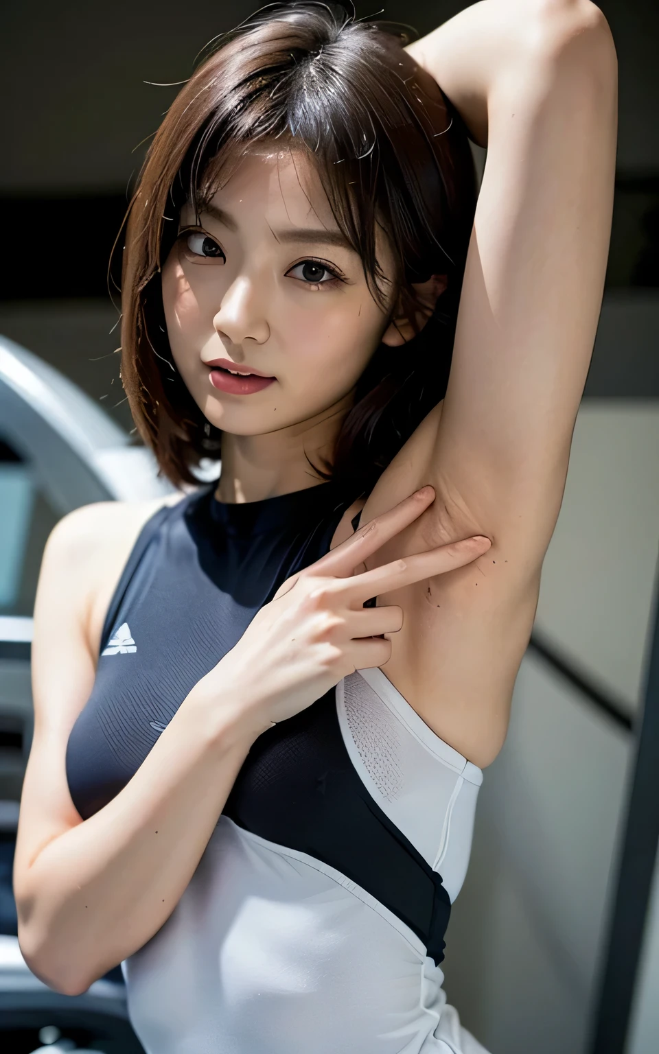 Beautiful Japanese actresses,very detailed Cg Unity 8K wallpaper, highest quality, Very detailed, masterpiece, Realistic, photo Realistic,,Sharp Nose, Detailed and seamless depiction of the nose,Age 25, logic, 腹logic, Round eyes, Audience, blush, Lips parted, Half Body Shot , Sportswear , Gym, Underarm, short hair,Showing Underarm to your audience,Half-closed eyes, Frowning, Open your mouth,((Sweat))((spread armpit))