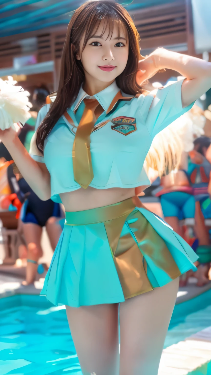 (8k, RAW Photos, highest quality, Tabletop:1.2), High-resolution RAW color photos, Professional photography,(Realistic, Like the picture:1.2), ((highest quality)), One Girl, Japanese women, beautiful, Very beautiful, Cute as a doll, , Female Idols, round and large eyes, Droopy eyes, Small nostrils, Tight waist, (Ultra-oily, lustrous skin with attention to detail:1.1), Oily and shiny thighs, (beautifulダークブルーのカラーが特徴の新しいワンピーススクール水着:1.2), (matte fabric swimsuit:1.4), (Brown Hair:1.2), Laugh shyly, (Large Breasts:1.3), Semi-long hair, (Maldives:1.2), (beautiful light blue water surface:1.2), No waves, swimming, Sexy pose, Wet Hair, Wet swimsuit,