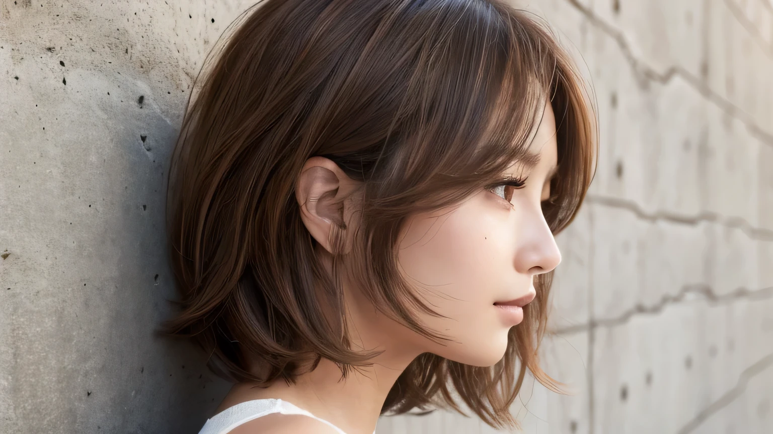 Hair like a live action,Concrete wall background,Her face in profile,Natural light,Bob Hair,Light Brown Hair,Realistic skin texture,Slightly rough skin,Fine and natural eyelashes,breast enhancement,A little rough skin,mole1t