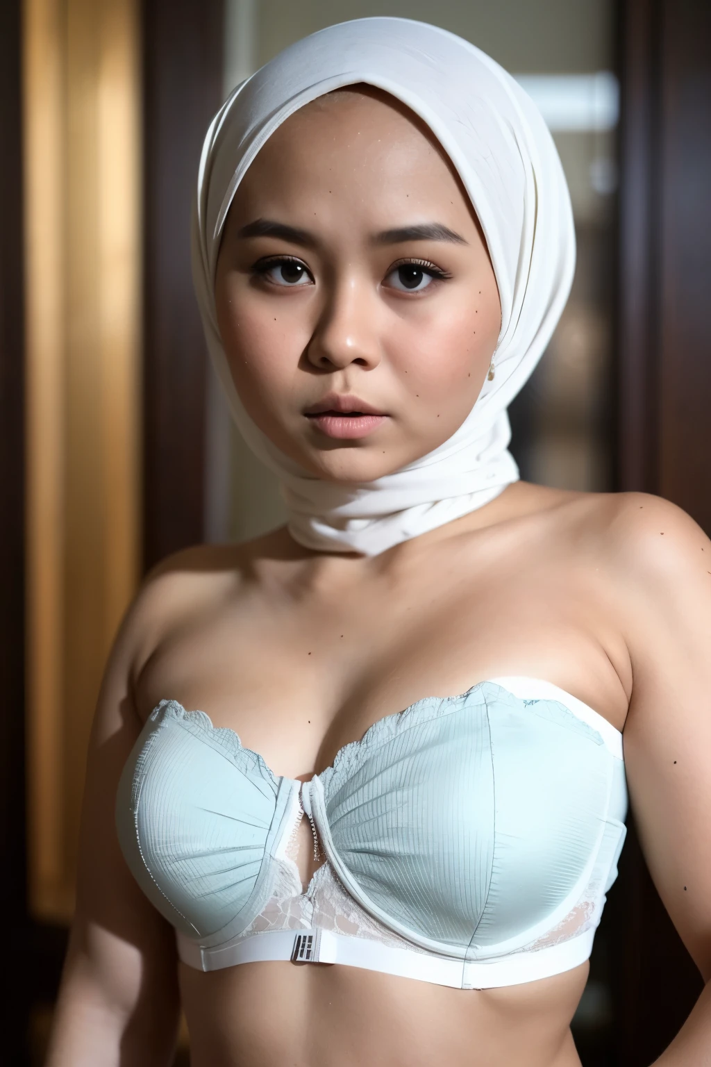 Tiny (Wearing Lingerie lace), (((HIJAB MALAY GIRL))), masutepiece, High quality, UHD 32K, Realistic face, Realistic skin feeling , A Malay Lady, 8 , , Very cute and baby-like face, (((FLAT CHEST))), (MATRIX WORLD), ((look In front  at the camera and SADNESS)), ((())), (((CUTE GIRL))),  ((Fluorescence)), ((CHUBBY)), (undress), at toilet