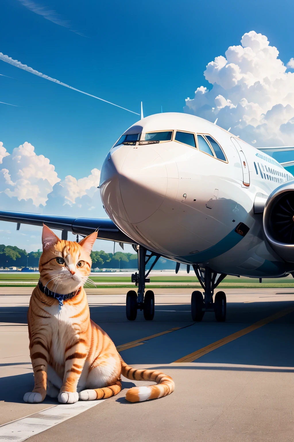 vibrant, commercial airplane parked on a runway under a clear blue sky, orange tabby cat in front of the camera, few fluffy white clouds in the sky