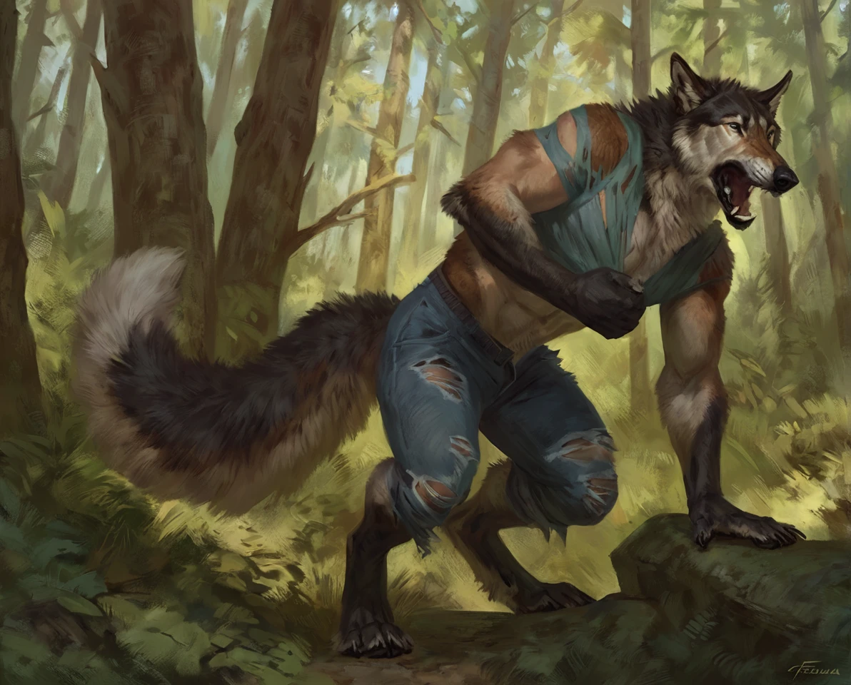 (2023:1), (best_quality:1), (high_quality:1), (absurd_res:1), (hi_res:1), (detailed:1) ,(Solo), man mid transformation into anthro male wolf, detailed, best art, masterpiece, quality, newest, forest background, torn clothes, [partially human], muscular, painful expression, by taran fiddler, all fours, ((back view)), paws