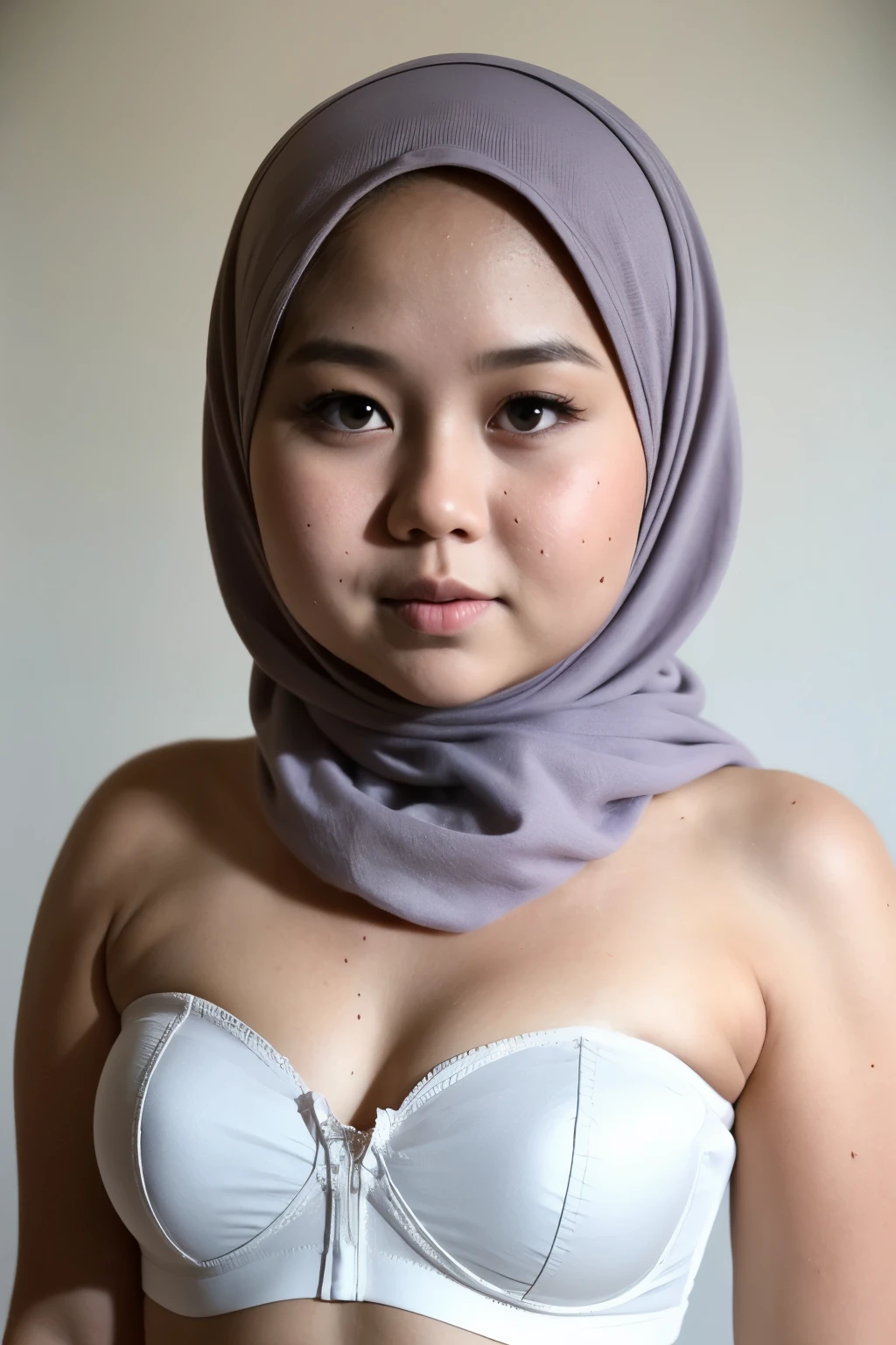 ((Chubby:1.6)), ((Flat Chest)), Naked, Angry pose, Angry face, (((HIJAB MALAY GIRL))), masutepiece, High quality, UHD 45K, Realistic face, Realistic skin feeling , A Malaysia Lady, 18 years old, , Very cute and baby-like face, (((FLAT CHEST))), (MATRIX WORLD), ((look In front  at the camera and SADNESS)), ((())), (((CUTE GIRL))), ((WHITE PASTEL LIPS)), ((WEARING STRAPLESS PASTEL BRA)), ((CHUBBY)), ((UNDRESS)). Brown, Flat Chest,  