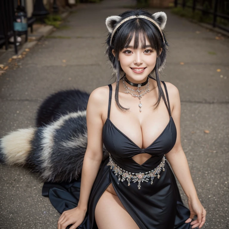 ((highest quality, 32k)), ((masterpiece)), (Familiar), Perfect Face, Raccoon Girl, Beautiful woman, public, It has a tail, She has a fluffy tail, She has a raccoon&#39;s tail, She wags her tail, smile, She is wearing a dress, Beautiful Hips, Big Breasts , Big tail, A tail sticks out from the dress, Dog collar