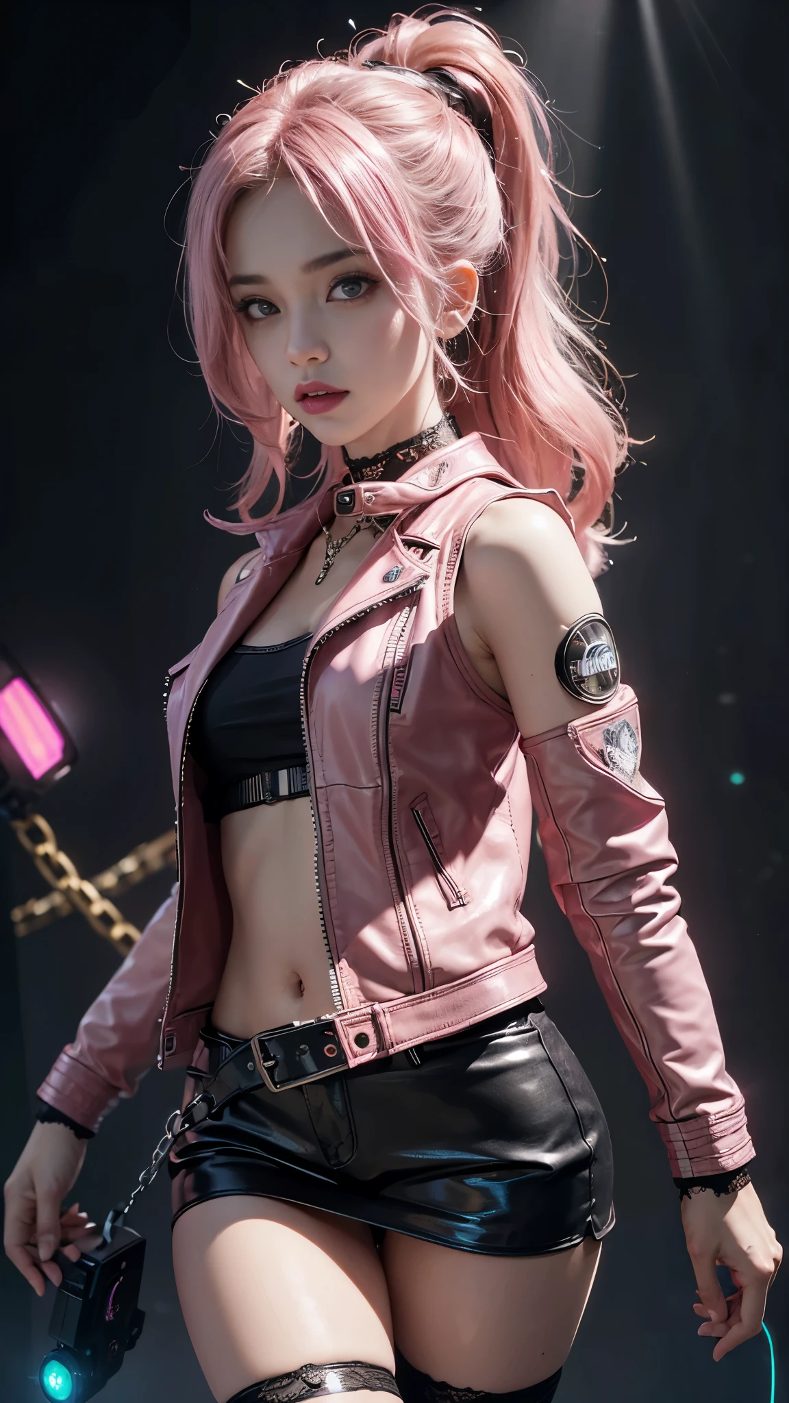 8K, ultra hd, masterpiece, hd colors, 1 girl, perfect face, very long curly hair, detailed eyes, rockstar outfit, ((pink leather jacket)), ((thin vest)), underwear, belt:1.5, stocking, ((criss-cross lace)), ((wearing chain)), stars, bare shoulder, jwellery, Realistic Cyberpunk club, ((Cyberpunk lighting)), (spot light:1.5), Cyberpunk night club, decorated stage, bulbs, (glowing light:1.5), bloom lighting, foggy effect, front body pose,