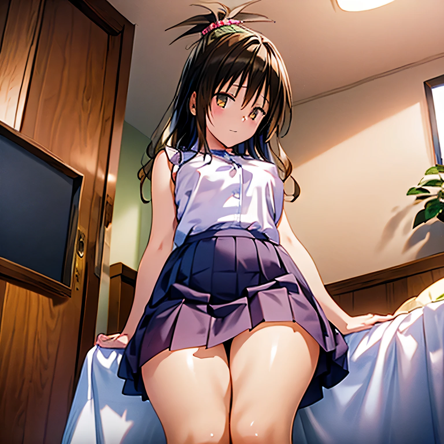 masterpiece, Highest quality, High resolution, ponytail、Anime art style, Game CG, Backtrack Rich, Rich 1, 1 girl, alone, Long Hair, bangs, Black Hair, Red eyes, bow, ribbon,Small underwear, Hair between the eyes, jewelry, hair bow, hair band, Trojan horse, rubbing the crotch、Panties half way down,((Highest quality)), ((masterpiece)), (detailed), Perfect Face, (()),(Reverse vulva)、(Vaginal Ectropion)、Pussy in full view、