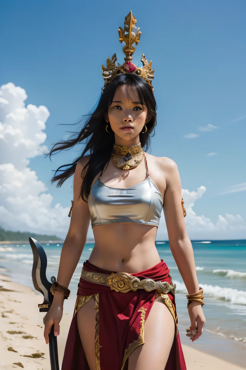 make a command sentence for a character like a hero from the land of Bali, Indonesia who is mighty and powerful with a weapon in kuta beach bali indonesia