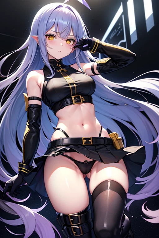 high quality、20generation((whole body、woman、Yellow Eyes、blue long hair、Short shirt with a hem、Black gloves、Belt with holster、stomach、Holding scissors、A long black skirt that shows off your legs、Skirt flip、Purple ribbon、White pants、Panties in full view、Clothes are not taken off、Erotic、Black Military Boots)) background((Whiteboard)) Written boundary depth、Visual Arts、high resolution、beautiful