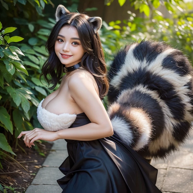 ((highest quality, 32k)), ((masterpiece)), (Familiar), Perfect Face, Raccoon Girl, Beautiful woman, public, It has a tail, She has a fluffy tail, She has a raccoon's tail, She wags her tail, smile, She is wearing a dress, Beautiful Hips, Big Breasts , Big tail, A tail sticks out from the dress, Dog collar