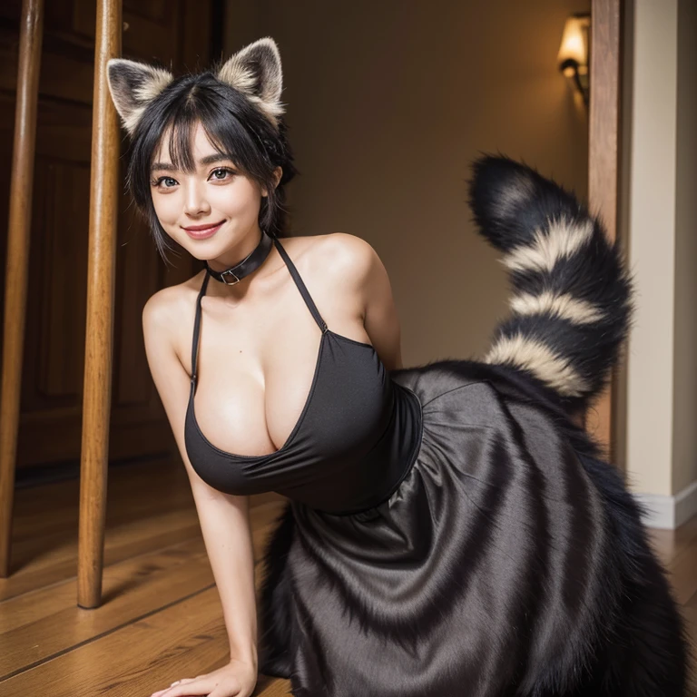 ((highest quality, 32k)), ((masterpiece)), (Familiar), Perfect Face, Raccoon Girl, Beautiful woman, public, It has a tail, She has a fluffy tail, She has a raccoon&#39;s tail, She wags her tail, smile, She is wearing a dress, Beautiful Hips, Big Breasts , Big tail, A tail sticks out from the dress, Dog collar