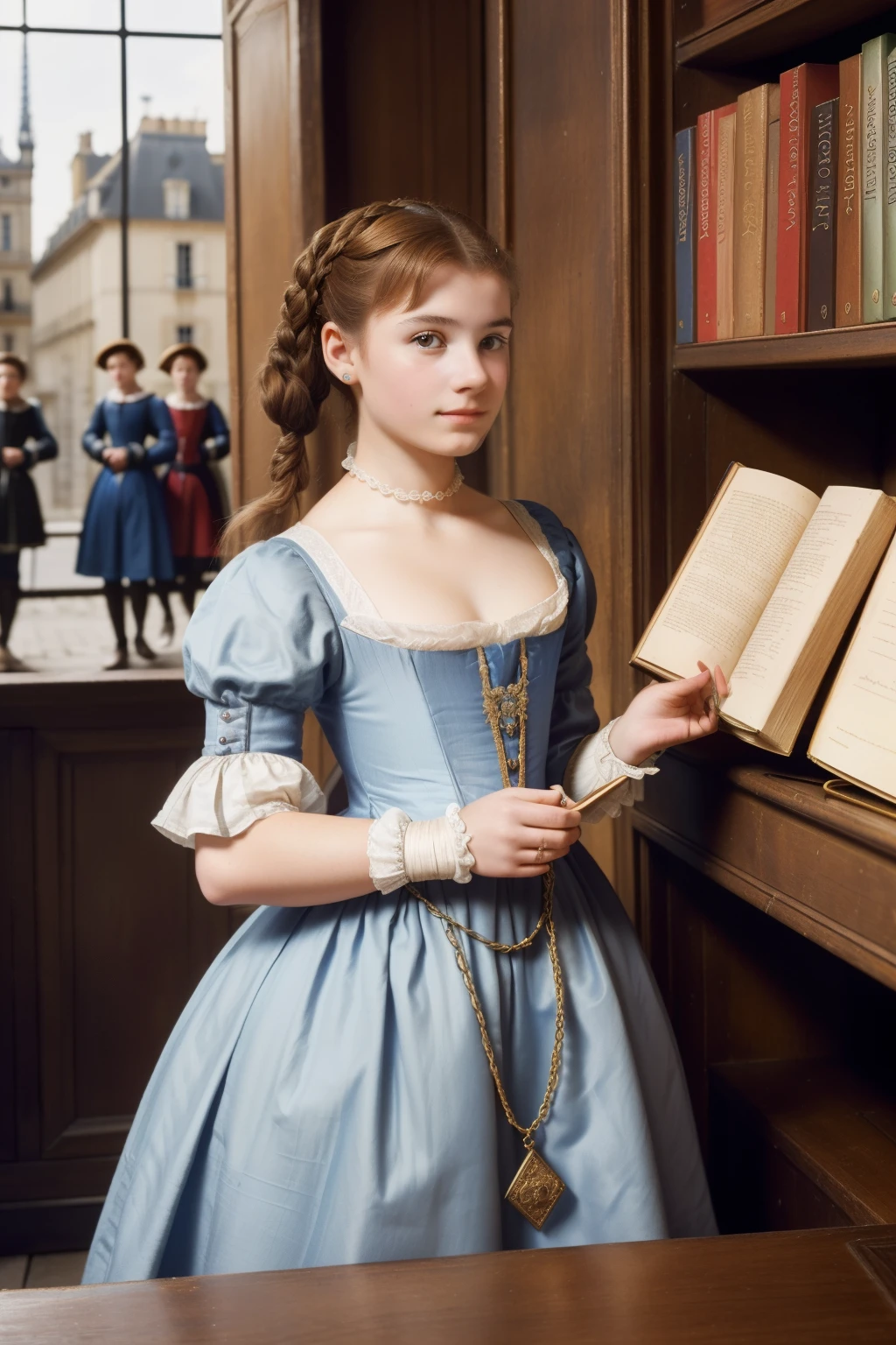Paris, 1558. A young ((((-yeld)) vie Palot)), courageous, resilient, determined, in a book store, ((((simple clothings from the 1550s)))), ((hairstyle of the 1550s)), colorful