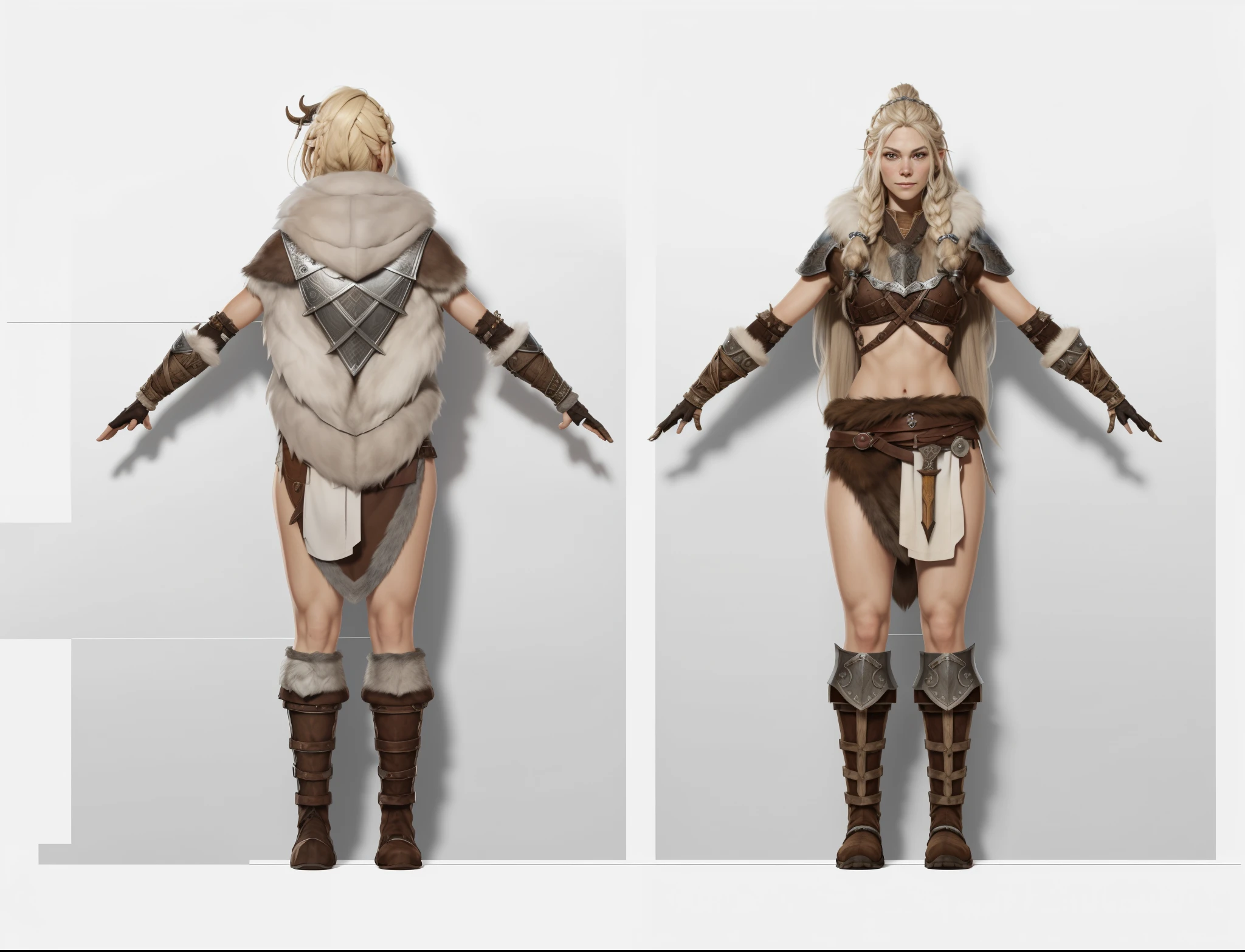 ( Realistic:1.33),(masterpiece:1.1),(highest quality:1.1),(HDR:1) a close up of a Viking woman warrior wearing armor and fur coat , full body concept, detailed full body concept, Young Viking female with a long braid, Viking style, age Viking protective maiden, Portrait of a Viking, Viking warrior, Viking culture, Nordic warrior, Viking costume, Ancient Viking warrior, Elven blond warrior, Epic Viking Queen , wearing Viking clothing, Female Viking, with Machado, Nordic inspiration, Viking and Templar aesthetics, full body character concept,costume concept design, full body details, detailed full body concept art, full character body, character model sheet turnaround, fullbody shot turnaround, concept character sheet, full body concept art, reference model sheet , full body concept art, RPG style character, game character design, 3d character reference sheet, video game character concept, detailed character design, character sheet, character model sheet turnaround , front and back, front and back, grey clean background, 3D character, (((Nordic shaman metal emblem on chest))