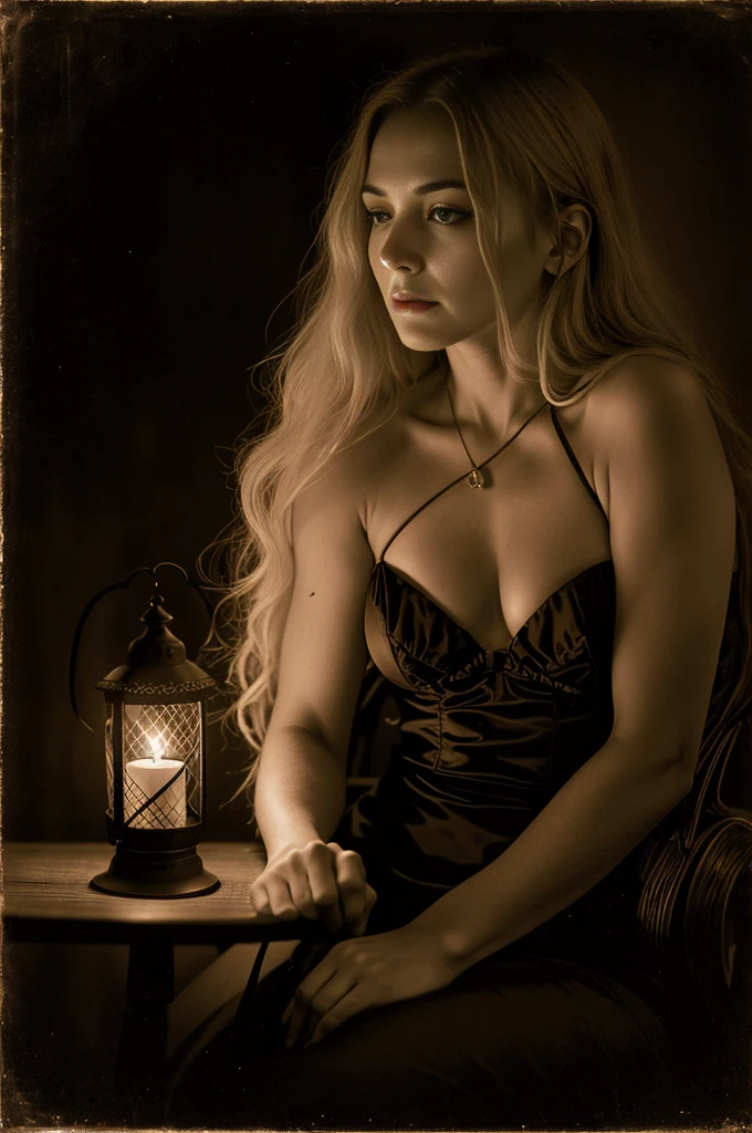 arafed woman sitting on a chair with a lantern and a candle, sepia toned, inspired by Hans Baldung, 4 k glamour photography, sepia tone, glamour photography, sepia photography, sinister pose, inspired by Jean-Jacques Henner, a stunning young ethereal figure, dark fantasy mixed with realism, portrait shot, with long blond hair