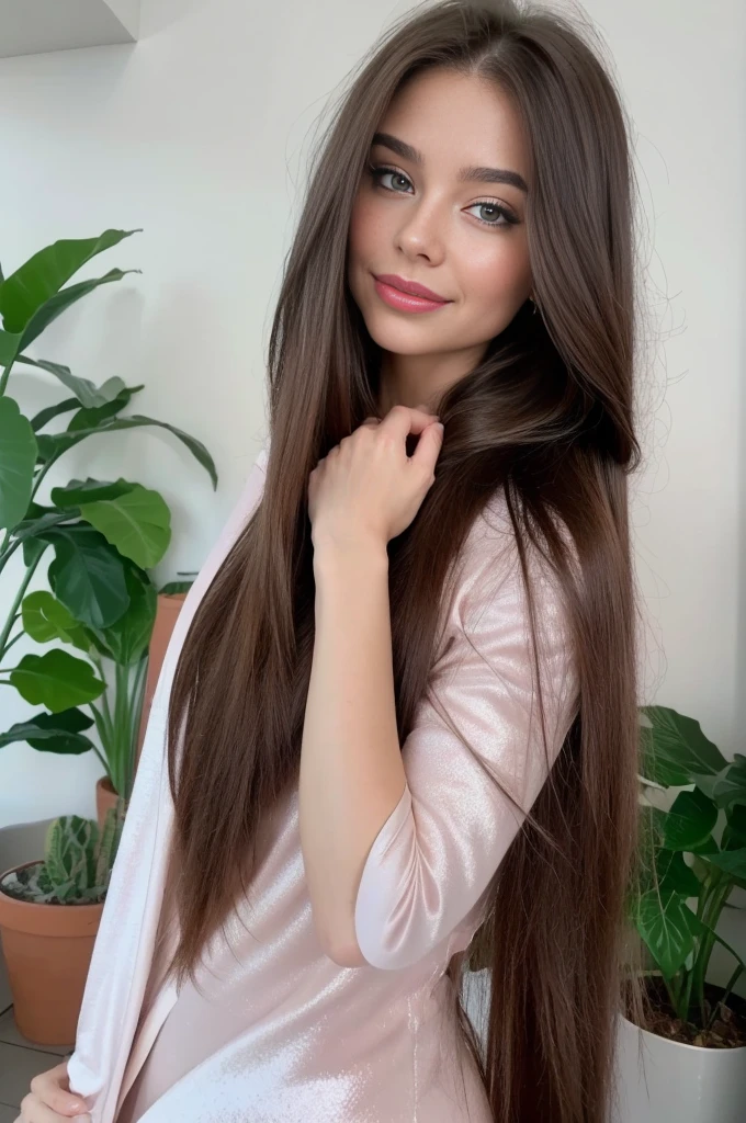 Professional photograph, best quality, 8K, hyper detailed, full body, A close up portrait of a Gorgeous, pretty, warm-hearted, kind-hearted, good-hearted, stunning, cheerful, sweet, polite, sensitive, sensible, shiny, charming, alluring, dreamy, graceful, majestic, classy, stylish, flowing super long brown haired argentinian woman. Flowing hair, silky hair, glowing hair, ethereal argentinian beauty, exotic argentinian beauty, timeless argentinian beauty, dream argentinian beauty. She has the cutest face, beaming countenance, fair porcelain skin, soft make-up, red lipstick, she is wearing a burgundy leather jacket, skinny trousers, and boots. She's glad, happy, cheerful, joyful, angelical face, angelical beauty. Affectionate woman, tenderness and delicacy in person.