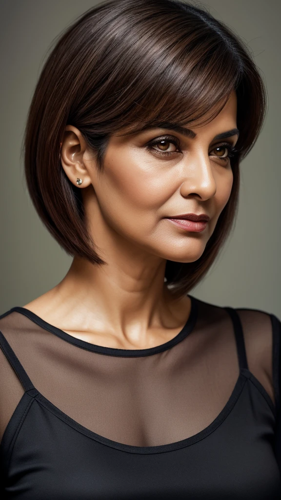 craft a hyper realistic vertical photo of Indian most attractive serious woman in her 50s in panty, trending on artstation, portrait, digital art, modern, sleek, highly detailed, formal, serious, determined, CEO, colorized, smooth, charming, pretty, soft smile, soft lips, black eyes, Trendsetter wolf cut brown hair,