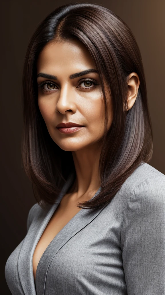 craft a hyper realistic vertical photo of Indian most attractive serious woman in her 50s in panty, trending on artstation, portrait, digital art, modern, sleek, highly detailed, formal, serious, determined, CEO, colorized, smooth, charming, pretty, soft smile, soft lips, black eyes, Trendsetter wolf cut brown hair,