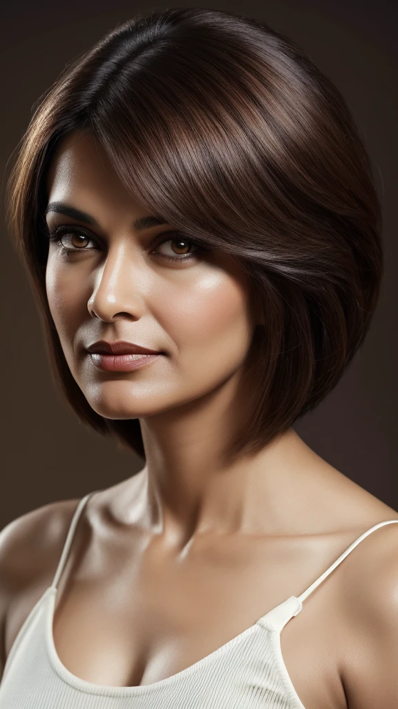 craft a hyper realistic vertical photo of Indian most attractive serious woman in her 50s in panty, trending on artstation, portrait, digital art, modern, sleek, highly detailed, formal, serious, determined, CEO, colorized, smooth, charming, pretty, soft smile, soft lips, black eyes, Trendsetter wolf cut brown hair,