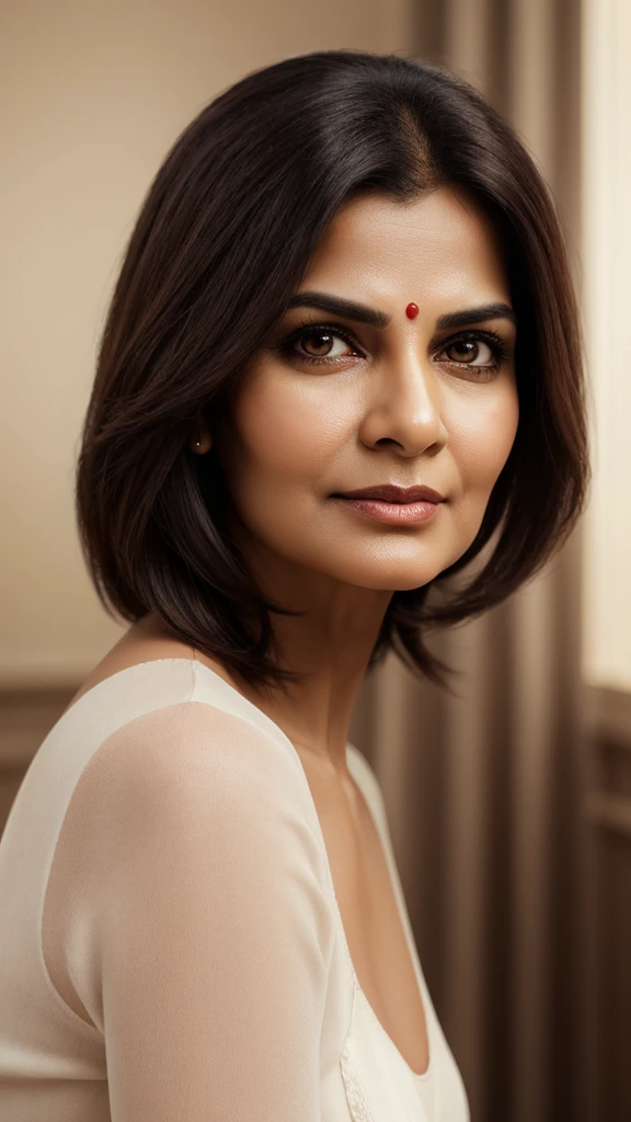 craft a hyper realistic vertical photo of Indian most attractive serious woman in her 50s in panty, trending on artstation, portrait, digital art, modern, sleek, highly detailed, formal, serious, determined, CEO, colorized, smooth, charming, pretty, soft smile, soft lips, black eyes, Trendsetter wolf cut brown hair,