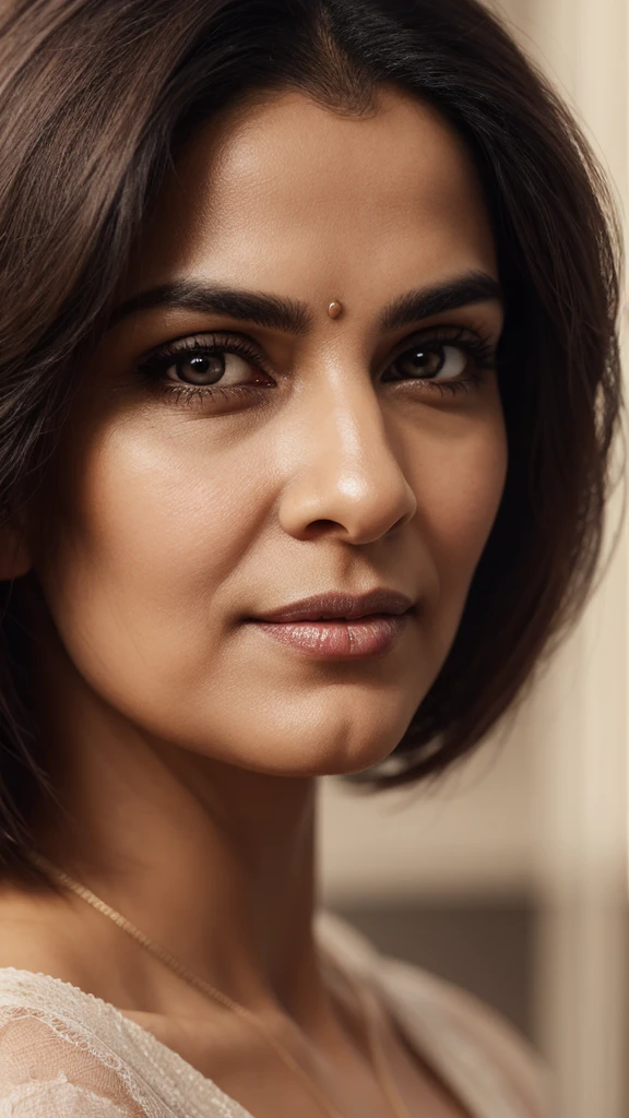 craft a hyper realistic vertical photo of Indian most attractive serious woman in her 50s in panty, trending on artstation, portrait, digital art, modern, sleek, highly detailed, formal, serious, determined, CEO, colorized, smooth, charming, pretty, soft smile, soft lips, black eyes, Trendsetter wolf cut brown hair, 