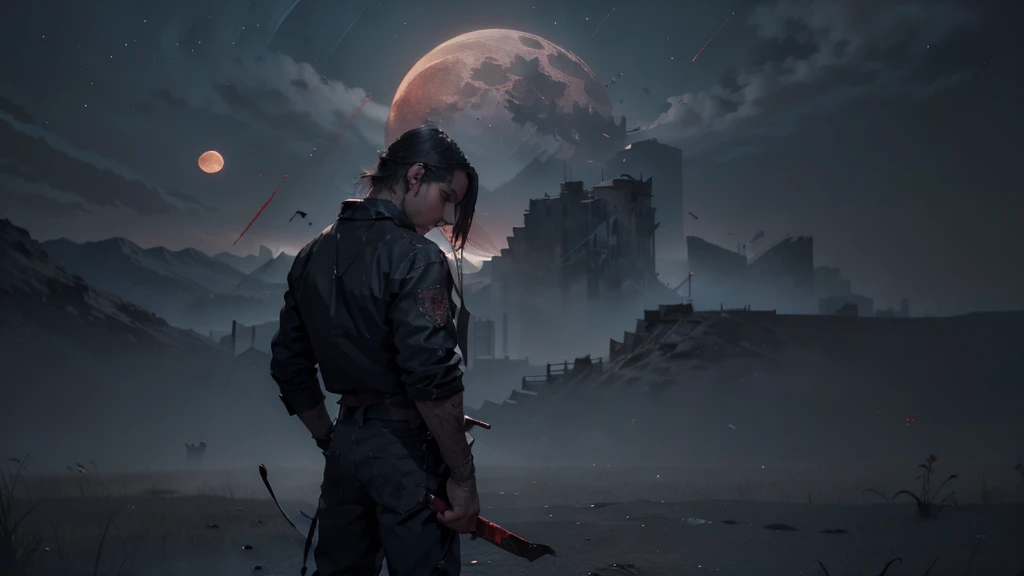 Title: "Crimson Night"

Description:
Generate an image depicting a desolate, gray land under a dark night sky. The sky should be dominated by a large, ominous red moon, casting an eerie glow over the scene. Dust and mist should swirl just above the ground, giving a sense of movement and mystery.

In the foreground, a lone figure stands, partially obscured in shadow. He wears dark, tattered clothing, and his face is hidden in darkness, except for his piercing red eyes, which gleam with an otherworldly intensity. The figure holds a blood-stained sword in his hands, the metallic blade reflecting the crimson glow of the moon above.

Mood:
The image should evoke a sense of foreboding and darkness, with an element of mystery and supernatural presence. It should feel like a moment frozen in time, capturing the tension and danger of the scene.

Style:
The style should be realistic with a touch of surrealism, emphasizing dramatic lighting and contrasts between light and shadow. It should have a painterly quality, with attention to detail in both the environment and the figure. The colors should be predominantly dark and muted, with the red moon providing the primary source of light and color.