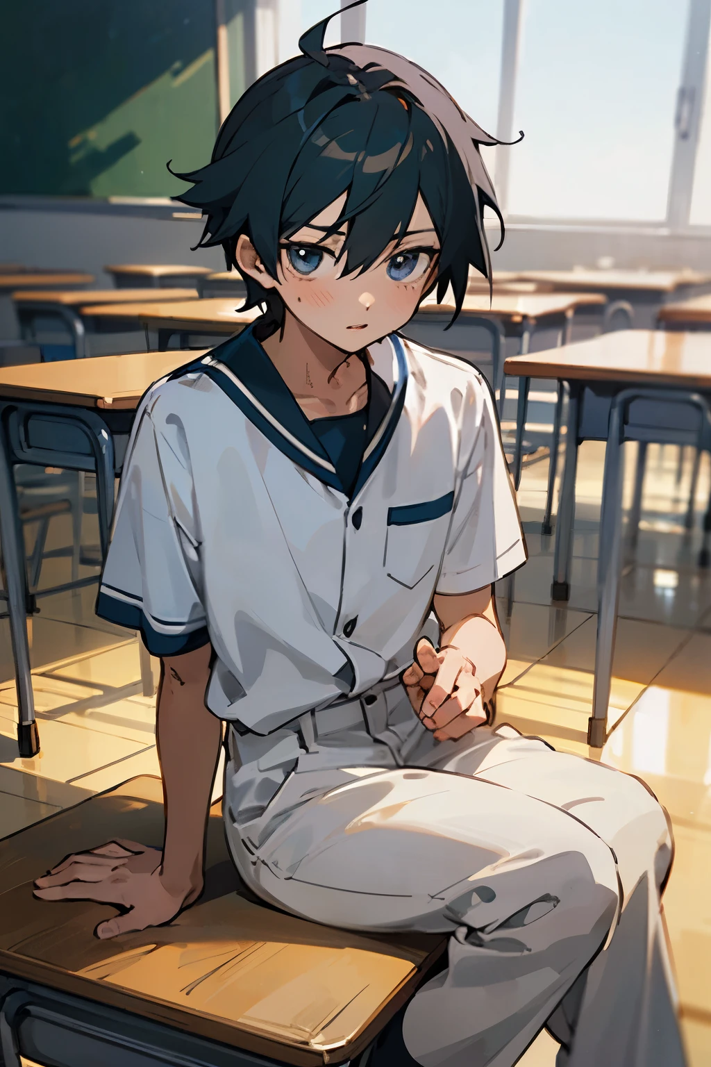 Handsome guy in white socks is crying, abs boy, sunny handsome, anime male protagonist, male high school student, white socks, sailor uniform, sports shorts, full body photo