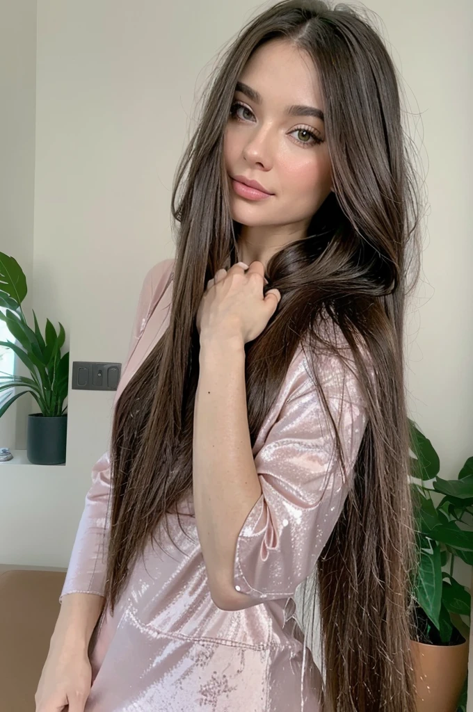 Professional photograph, best quality, 8K, hyper detailed, full body, A close up portrait of a Gorgeous, pretty, warm-hearted, kind-hearted, good-hearted, stunning, cheerful, sweet, polite, sensitive, sensible, shiny, charming, alluring, dreamy, graceful, majestic, classy, stylish, flowing super long brown haired argentinian woman. Flowing hair, silky hair, glowing hair, ethereal argentinian beauty, exotic argentinian beauty, timeless argentinian beauty, dream argentinian beauty. She has the cutest face, beaming countenance, fair porcelain skin, soft make-up, red lipstick, she is wearing a burgundy leather jacket, skinny trousers, and boots. She's glad, happy, cheerful, joyful, angelical face, angelical beauty. Affectionate woman, tenderness and delicacy in person.
