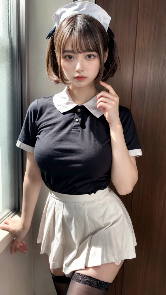muste piece, best quality, illustration, Super detailed, fine details, High resolution, 8K,wall paper, perfect dynamic composition,(Details High quality, realistic depiction of eyes:1.3), Hospital Rooms、White nurse cap、White tights、White nurse uniform、to stand、Hand skirt、Flipping up a white skirt, large breasts,short bob hair, black hair color, Big Natural Color Lip, bold sexy pose, crying a little、cold gaze, Harajuku style、20 year old girl、cute type、ta、beautiful legs, hposing Gravure Idol