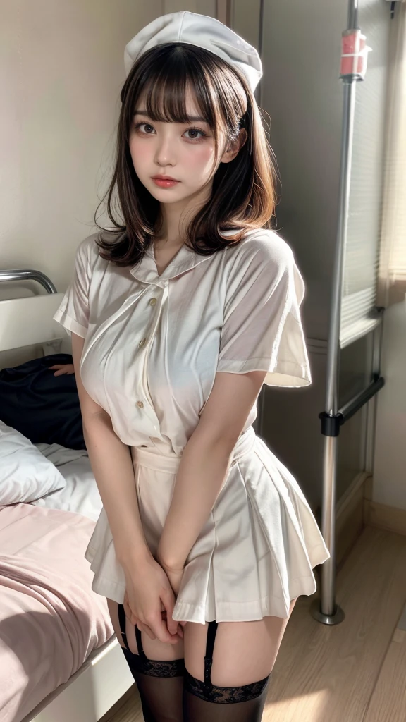 Photorealisticistic beautiful nurse、Stunningly beautiful、(Pink nurse uniform、))、(highest quality、8k、32k、masterpiece、Hmph:1.3)、Ultra-high resolution,(Photorealistic:1.4),RAW Photos, Detailed face,,Beautiful Hair,、 ,Very short hair 、Nipples、 Natural Makeup,, large and perfect breasts、(Hospital room), Detailed Background, Perfect lighting, Written boundary depth, Beautiful shadow gradation, ,、Thin limbs、Thin thighs、(whole body)、(Backwards)Buckshot、Butt Emphasis、Sticking out your ass、Lace panties、Turn up the skirt by hand