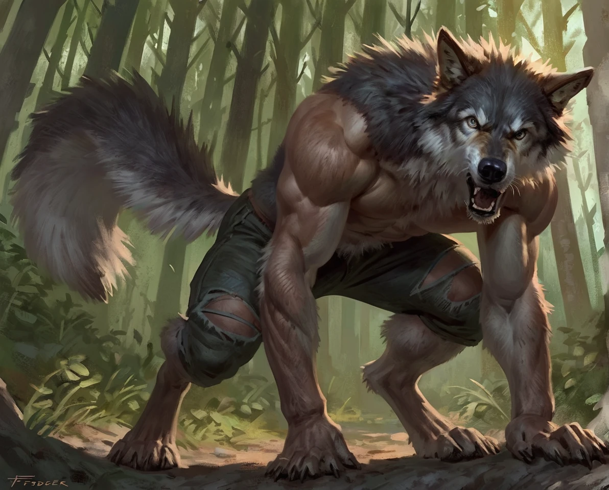 male grey wolf, comic book style, illustration, solo, abs, pecs, concentrated expression, masculine body, masterpiece, best art, full body, digitigrade, by taran fiddler, torn pants, torn shirt, detailed hands, tall, detailed eyes, large tail, detailed torso, forest, angry expression, transformation, yelling, halfway human face, all fours