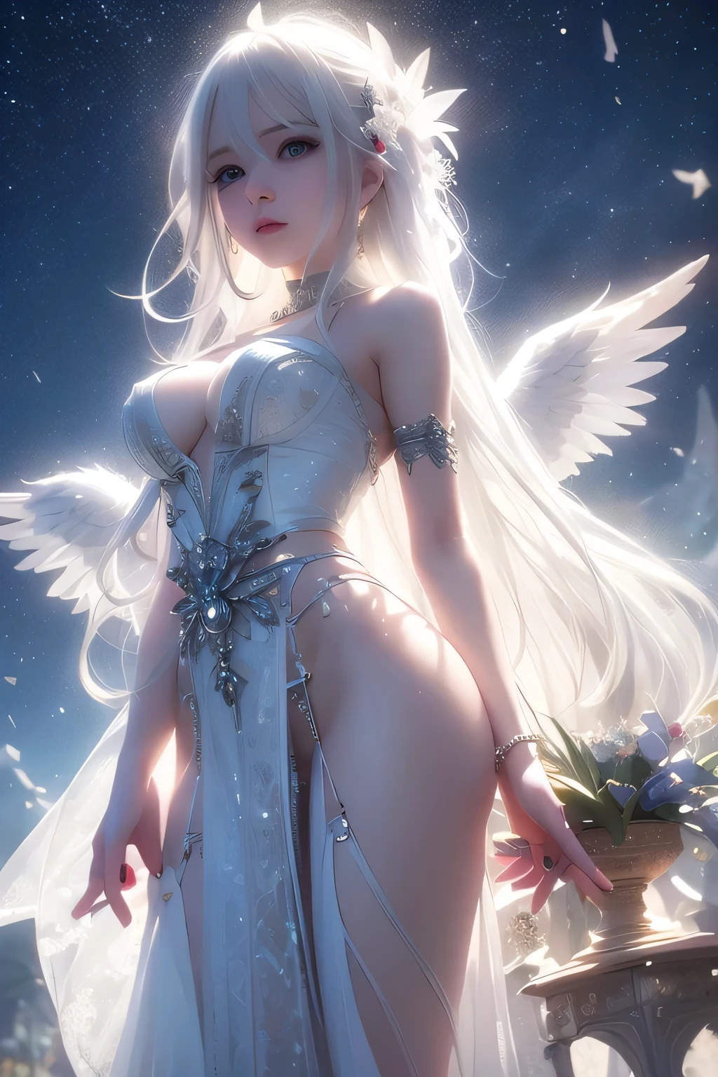 Night scene、(White Wings 1.2),(White feathers falling in the background 1.1), ((masterpiece)), (detailed:1.4),Realistic、 Beautiful Woman Images,High resolution(High Dynamic Range),Ray Tracing,NVIDIA,Super Resolution,PBR Textures,Post-processing,Anisotropic Filtering,Maximum depth of field resolution and crisp layer textures,Albedo and Specular Maps,Surface Shading,Accurate simulation of material interactions,Perfect balance,Rendering with Octane,2-color light,Large Diameter,Low ISO,White balance,Rule 3 points、8K raw data、Backlight、(Gray hair that changes with light、Long bangs that block the view、Long, lustrous white hair、Smooth and straight hair、white hair fluttering in the wind、Beautiful bangs)、(Beautiful white and shining skin、Cheek gloss highlight、Sexy and very beautiful and adorable face、The most beautiful face in the world、Big, sparkling blue eyes)、(A cute 25 year old girl、Ample breasts、Small waist、delicate shoulders、Perfect figure)、Beautiful dress、From an angle
