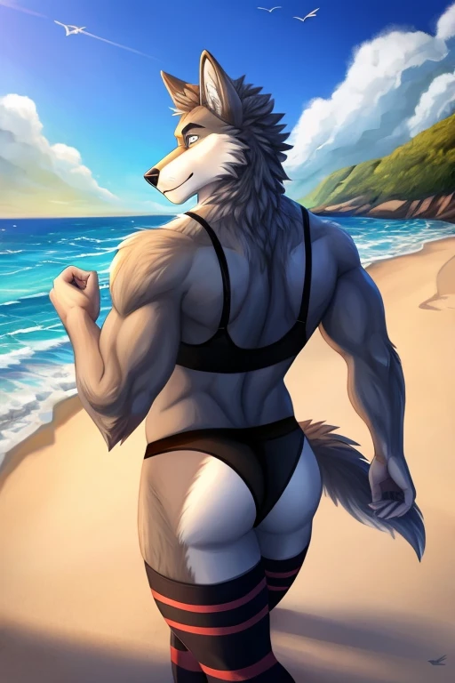 Male furry wolf character; wearing black bra, panties and long striped stockings at the beach, looking backwards