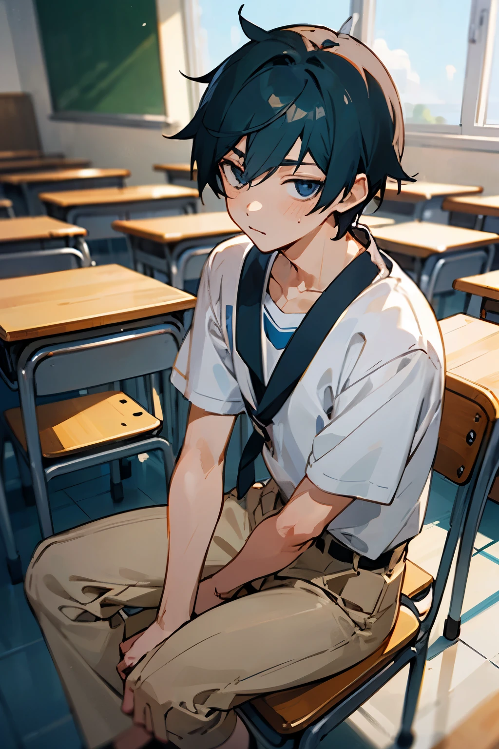 ((best quality)), ((masterpiece)), (detailed), anime boy sitting on a floor in the classroom