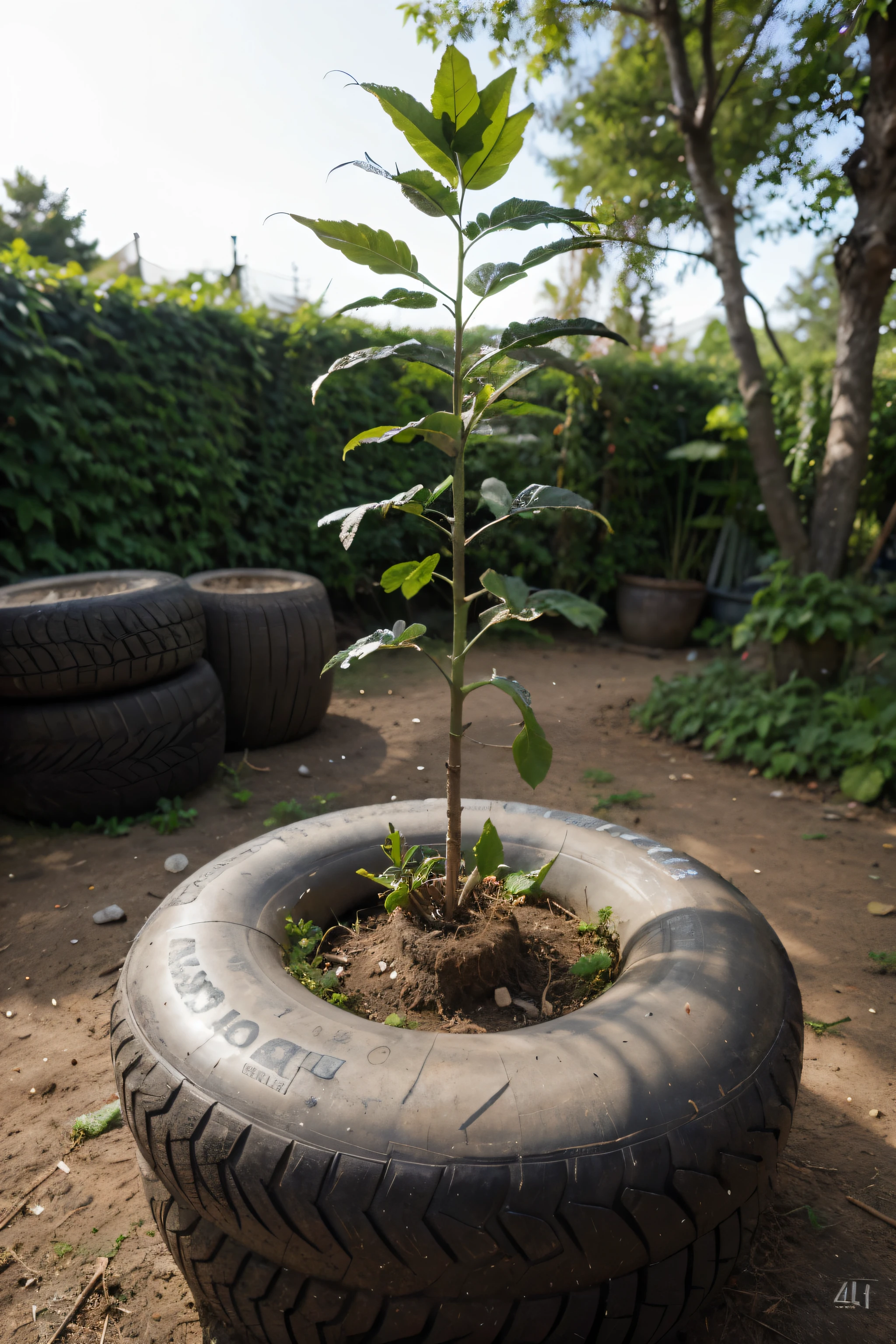 (best quality,4k,8k,highres,masterpiece:1.2),ultra-detailed,(realistic,photorealistic,photo-realistic:1.37),vibrant greenery,plant emerging,growing out of a tire,tires symbolizing sustainability, detailed textures,[sustainable:0.9],[eco-friendly:0.9],[renewable:0.9],one tyre,centre of the image,dynamic composition,pleasant sunlight,rich shadows,artistic depth,immersive experience,crisp details,emphasized patterns,organic growth,tire texture,leafy branches,delicate tendrils,root system,life force,strong and healthy growth,refreshing atmosphere,blossoming flowers,positive energy,natural harmony,abundance of leaves,botanical motif,fresh air,environmental consciousness.