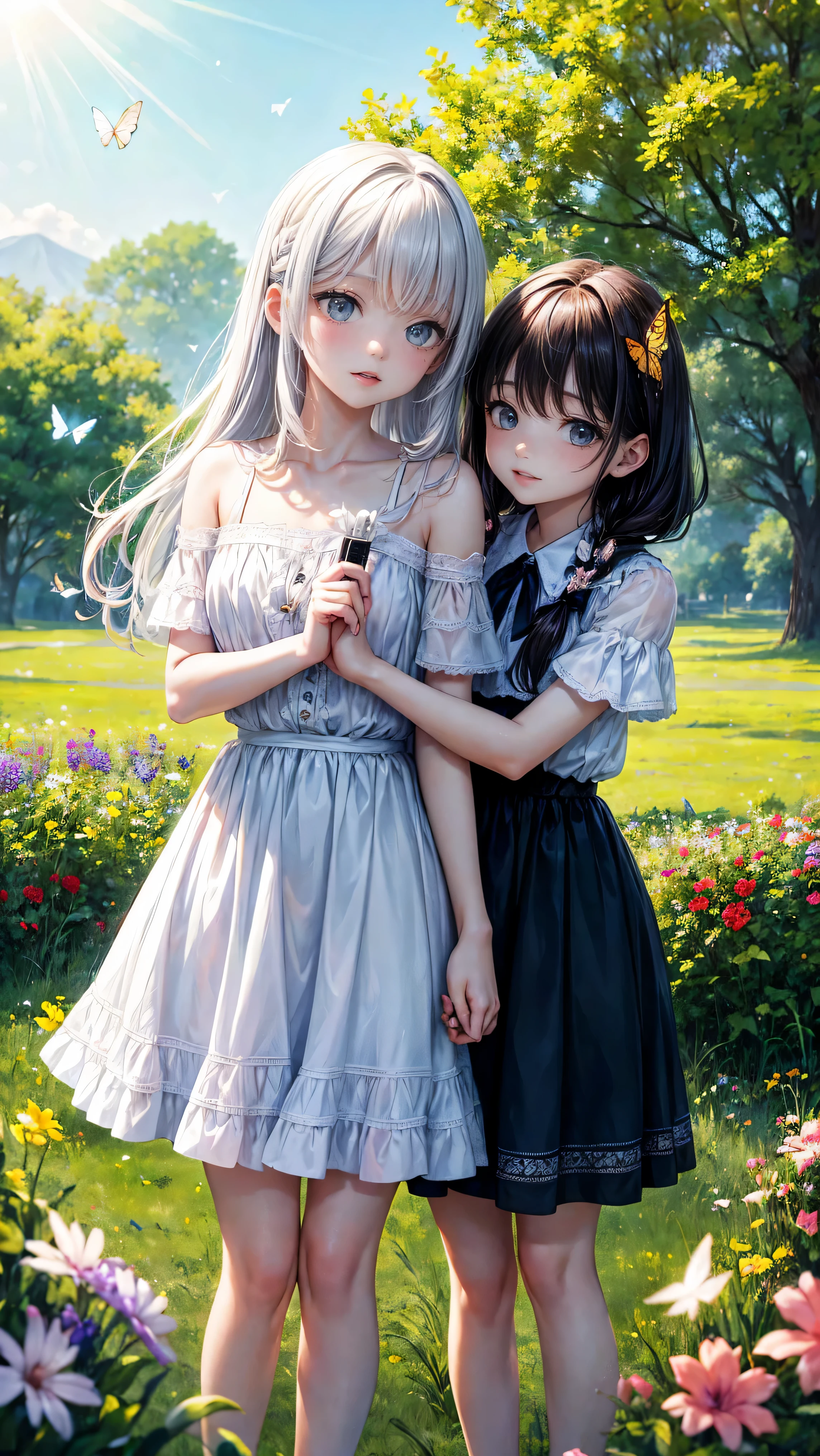 ( girl: 1.5), lace, ribbon, DxD (masterpiece, side lighting, beautiful finely detailed eyes: 1.2), masterpiece, realistic, bright eyes, shiny hair, black hair, long and long hair, lustrous skin, solo, embarrassed ,Strapless,exquisite,beautifly,garden,flowers,flying petals,