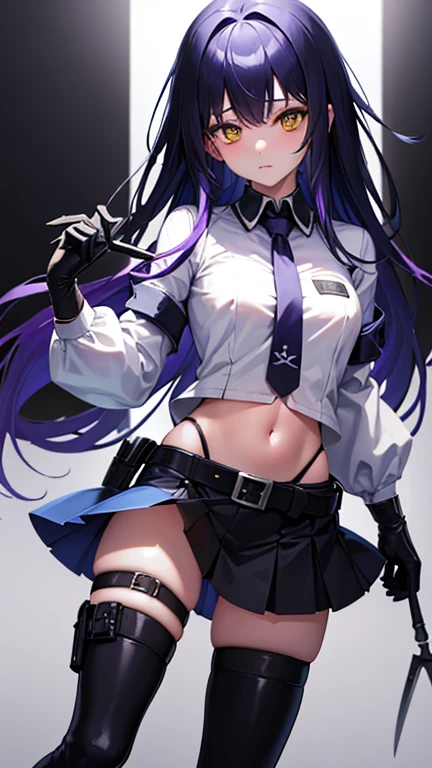 high quality、２０generation((whole body、woman、Yellow Eyes、blue long hair、Short shirt with a hem、Black gloves、Belt with holster、stomach、Holding scissors、A long black skirt that shows off your legs、Skirt flip、Purple ribbon、White pants、Panties in full view、Clothes are not taken off、Erotic、Black Military Boots)) background((Whiteboard)) Written boundary depth、Visual Arts、high resolution、beautiful