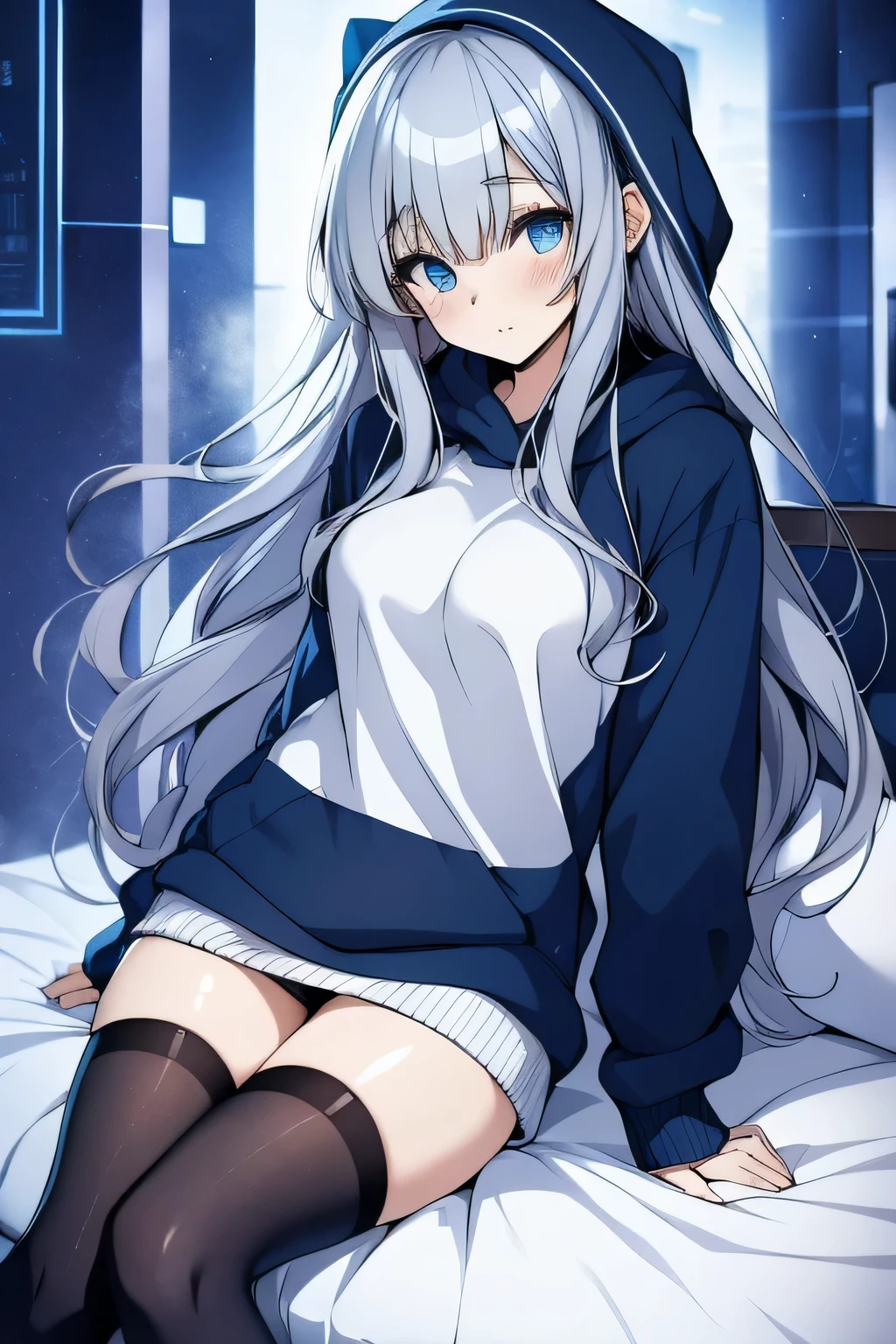 1 girl, solo, Himari, Blue Archive, straight long silver hair, gorgeous deep blue eyes, oversized white sweater with hoodie, black knee high socks, ultra detailed, best quality, highest resolution