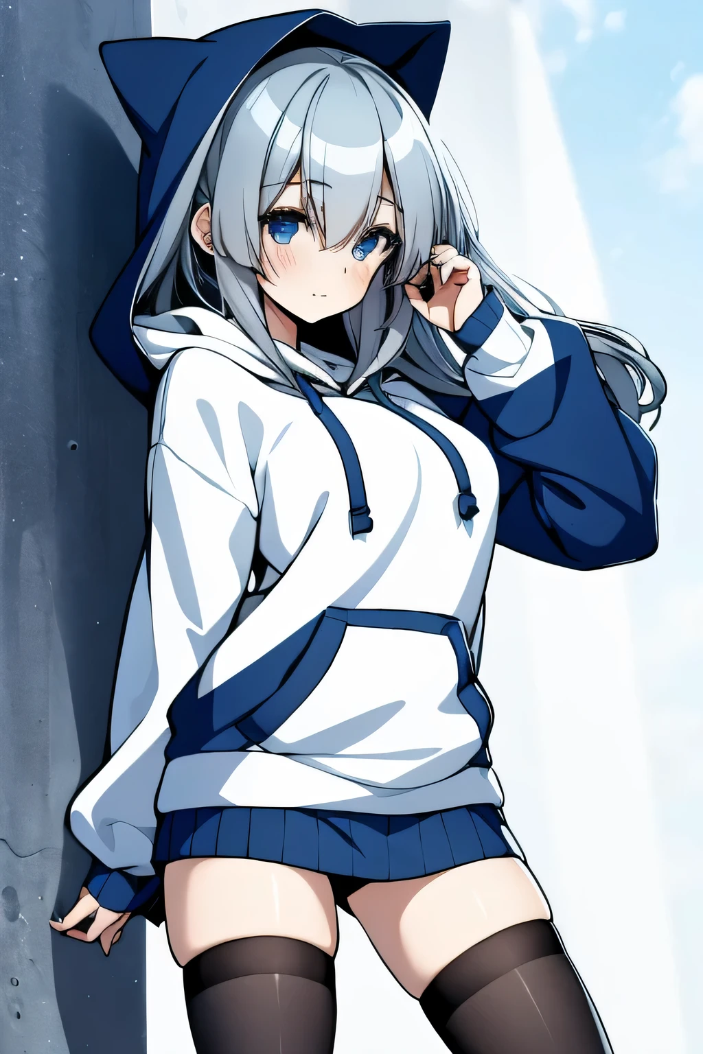 1 girl, solo, Himari, Blue Archive, straight long silver hair, gorgeous deep blue eyes, oversized white sweater with hoodie, black knee high socks, ultra detailed, best quality, highest resolution