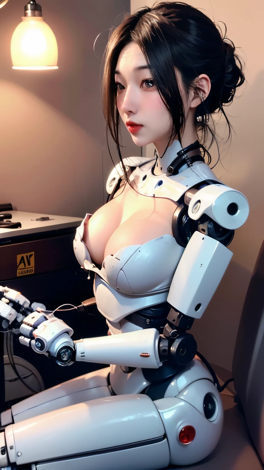 Thaifacemixx, (Photorealsitic:1.4)、((a beauty girl:1.6)), (1 full-body cyborg girl: 1.5), Nipple, , sixteen years old、NOhumans、((The skin part is only the face)), Luminous Eyes、((Lots of split metal chest protectors)), Metal Robot、((The whole body is the body of a combat robot))、((Body parts are robot parts:1.8))、((The internal mechanisms of the chest are exposed)), ((Mechanical chest armor with LED indicators and meters)), Robot arms and legs、((Exposed metal skeleton of the abdomen))、Metal skeleton of the cervical region、Under repair、destroyed body、Metal Mechanical Bra、Full Body Metal Skin、Metal bodysuit、Metal scales covering the whole body、body made of metal、Whole body metal、a beauty girl、prosthetic hand、artificial leg、Full body cyborg、Exposed metal skeleton、Asian Beauty、cyberpunked、steampunc、Inside the futuristic space battleship、laboratory、Complex 3d rendering beautiful porcelain profile ultra detailed female type android face、dark brown hair、glowy skin、((super realistic details))、portlate、globalillumination、Shadow、octan render、metals、Details of complex ornaments、Japan details、highly intricate detail、Realistic light、CGSoation Trends、a purple eye、radiant eyes、Facing the camera、neon detailechanical limbs、blood vessels connected to tubeechanical vertebrae attached to the back、mechanical cervical attaching to neck、sitting on、Wires and cables connecting to the head、Gundam、Small LED lamp、masterpiece、 Metal Robot、body made of metal、Whole body metal、prosthetic hand、artificial leg、Full body cyborg、Exposed metal skeleton、Asian Beauty、cyberpunked、steampunk、Futuristic cities、laboratory、Complex 3d rendering beautiful porcelain profile super detailed female android face、cyborgs、roboticparts、150mm、beautiful studio soft light、Rim Lights、Anatomical、face muscles、cable electric wireicrochips、elegent、beatiful backgrounds、octan render、HR Giger Style、8K、top-quality、masterpiece、illustratio、extremely delicat , (Charming :1.7) , (Flirting :1.3)