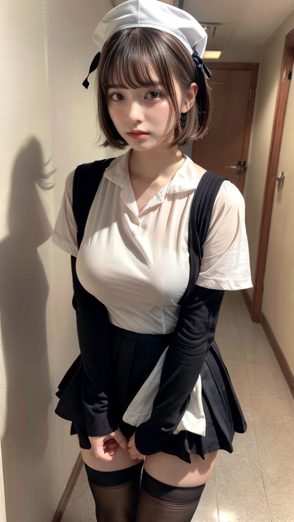 muste piece, best quality, illustration, Super detailed, fine details, High resolution, 8K,wall paper, perfect dynamic composition,(Details High quality, realistic depiction of eyes:1.3), Hospital Rooms、White nurse cap、White tights、White nurse uniform、to stand、Hand skirt、Flipping up a white skirt, large breasts,short bob hair, black hair color, Big Natural Color Lip, bold sexy pose, crying a little、cold gaze, Harajuku style、20 year old girl、cute type、ta、beautiful legs, hposing Gravure Idol