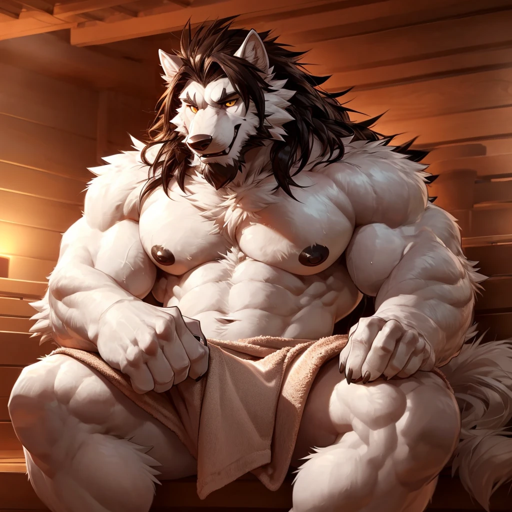2d, masterpiece, best quality, 4k, 8k, ultra highres, raw photo in hdr, sharp focus, photo realism, real life like, detailed background, wolf anthro, naked wolf (((towel, white body, all white fur, no black fur, no fur pattern, plain fur, plain white fur, white fur, very long hair))), muscular male, big nipples, black nipples, smiling, sweat, (sitting:1.5), dilf, daddy, fangs, smiling, happy face, low-angle shot, detailed big nipples, wide waist, broad shoulders, strong thighs, white teeth, black hair, very long hair, beard, very large hands, both hans on head, big butt, big bulge, sauna, detailed background, hi res, perfect golden eyes, (by darkgem, by takemoto arashi, by anhes), Negative prompt: boring_e621_fluffyrock_v4, bad-hands-5, deformityv6
