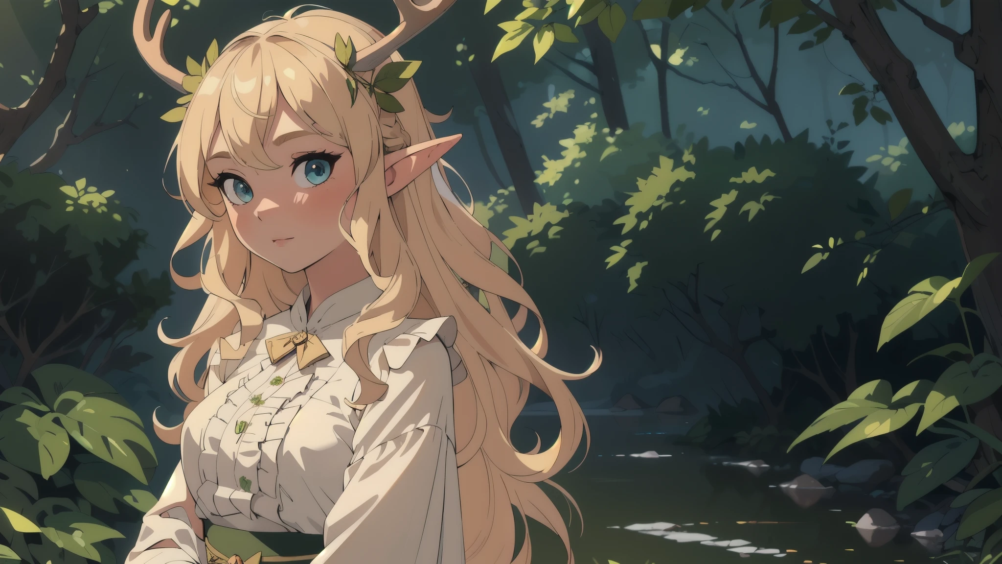 (masterpiece, best quality), 1girl, intricate details, blonde, leaf, wavy hair, looking at viewer, elf, upper body, forest, frills, mist, deer antlers,