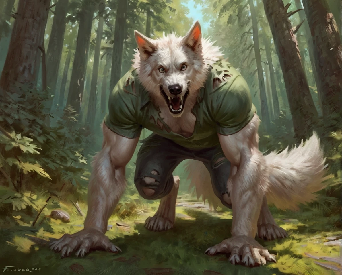 male white wolf, comic book style, illustration, solo, abs, pecs, concentrated expression, masculine body, masterpiece, best art, full body, digitigrade, by taran fiddler, torn pants, torn shirt, detailed hands, tall, detailed eyes, large tail, detailed torso, forest, angry expression, transformation, yelling, halfway human face, all fours, human woman, sex, 