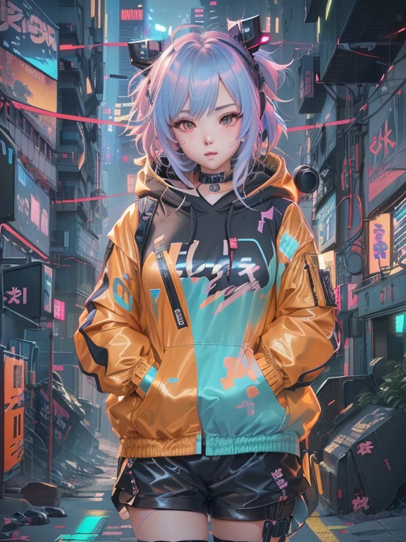 Anime girl in a jacket and black shorts standing in the city, anime style 4 k, Cyberpunk anime girl wearing a hoodie, best anime 4k konachan wallpaper, Digital Cyberpunk Anime Art, anime style. 8k, Anime Art Wallpaper 4K, anime art wallpaper 4k, anime art wallpaper 8 k, Digital cyberpunk - anime art, Anime Wallpaper 4K
