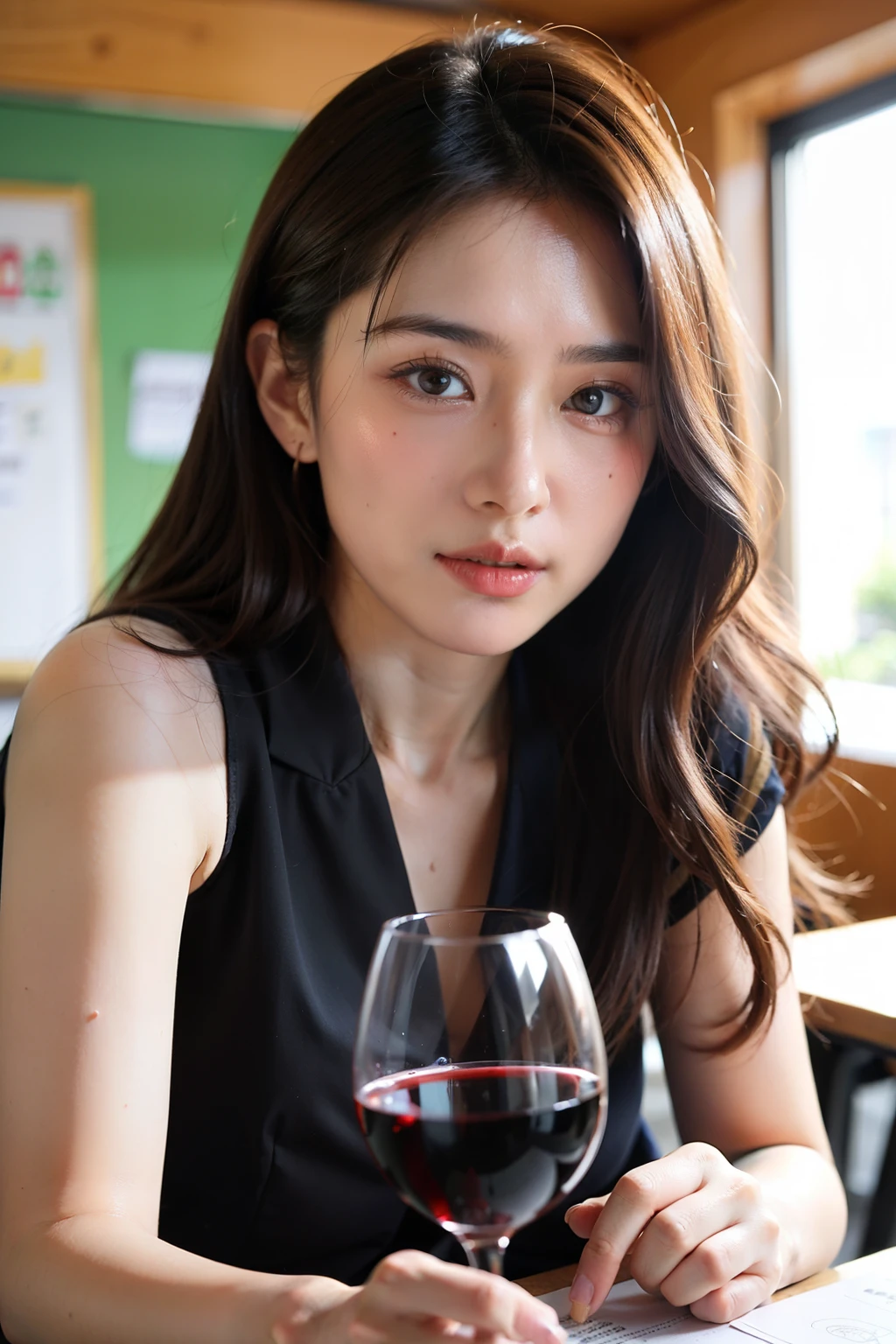 ((best quality)), ((masterpiece)), (detailed), Perfect face,University teacher,middle aged,classroom,drink wine,Moutai wine