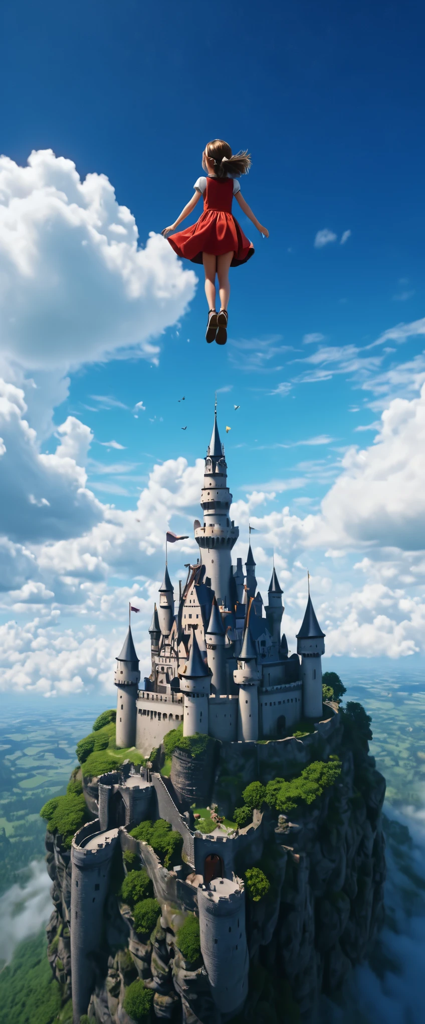 little girl floating in the sky,Looking up,Castle in the Sky,8k,masterpiece,high quality
