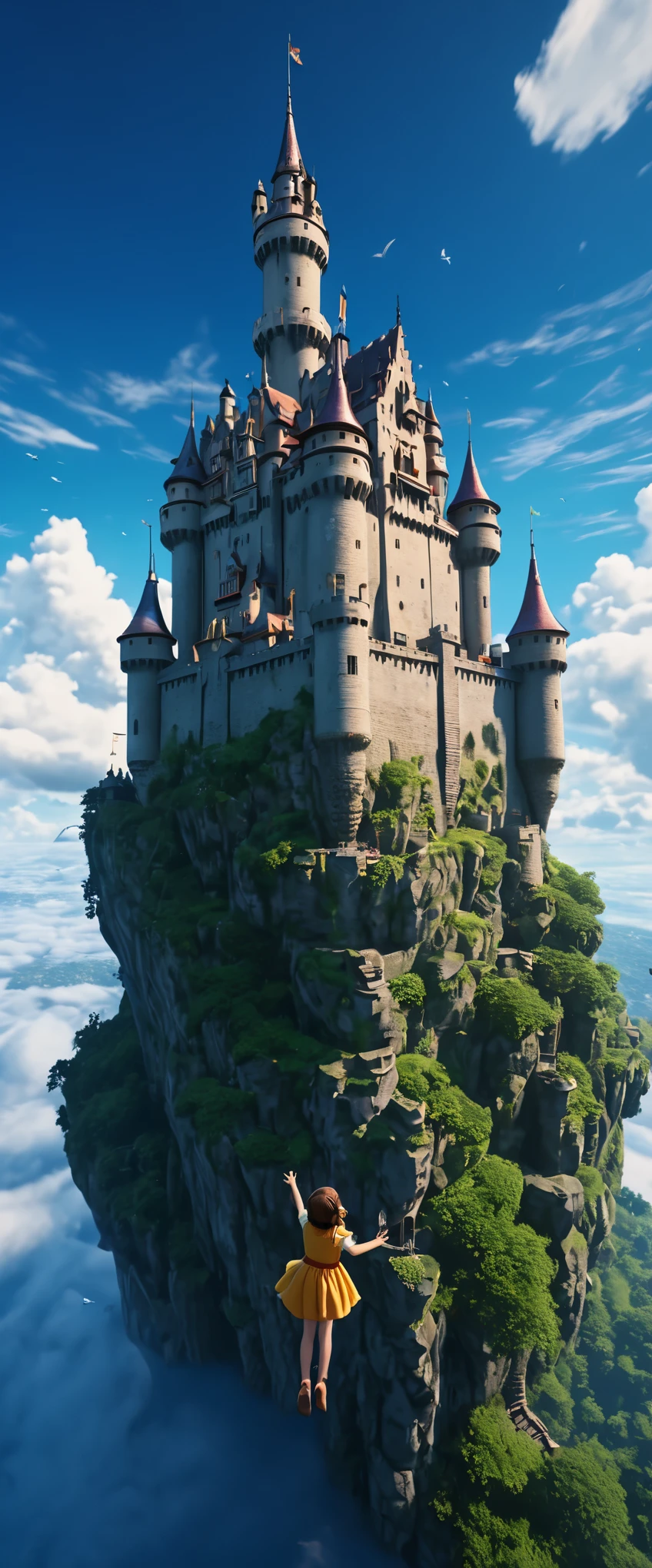 little girl floating in the sky，Looking up，Castle in the Sky，8k，masterpiece，high quality