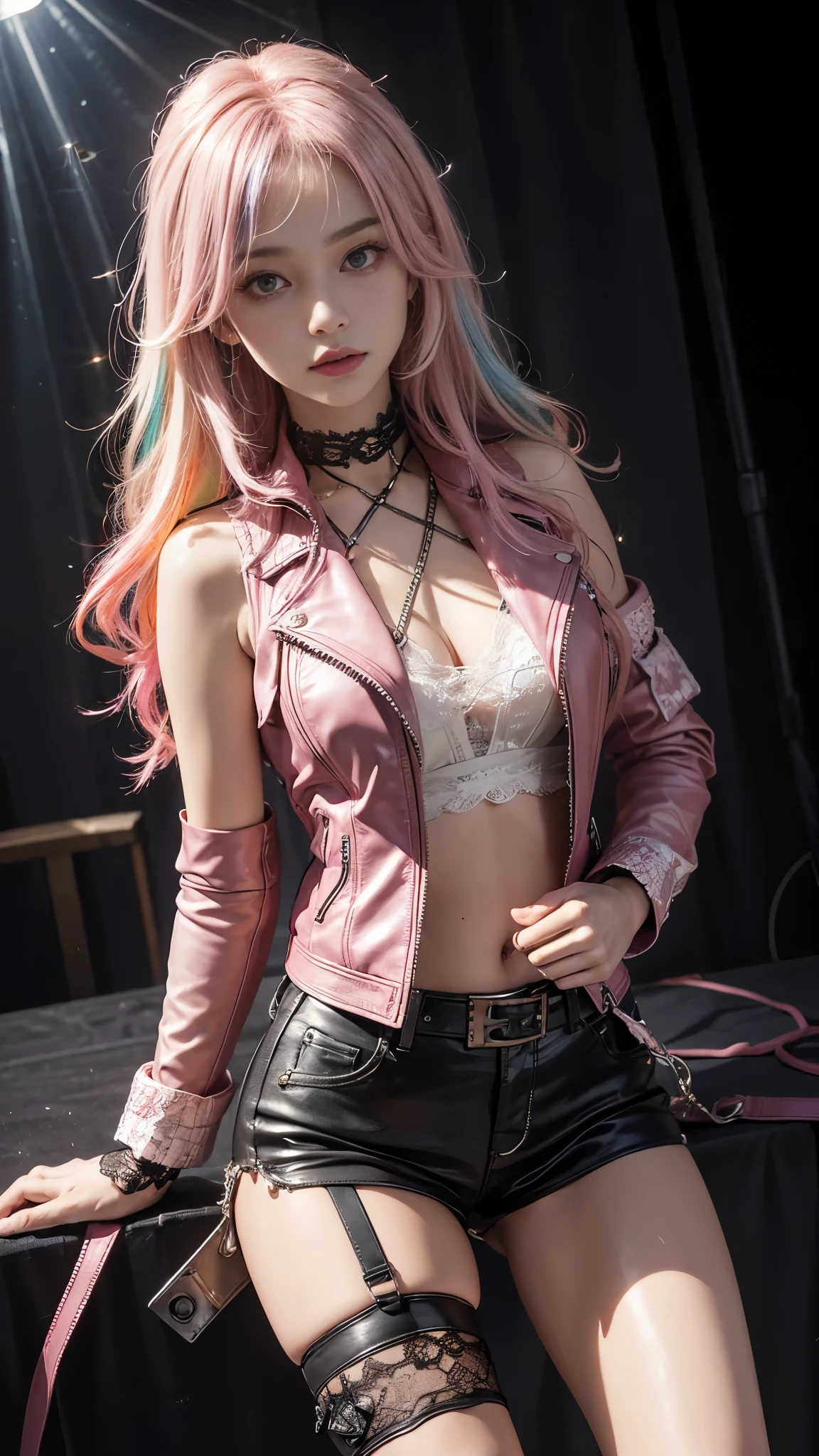8K, ultra hd, masterpiece, hd colors, 1 girl, perfect face, very long curly hair, detailed eyes, rockstar outfit, ((pink leather jacket)), ((thin vest)), underwear, belt:1.5, stocking, ((criss-cross lace)), ((chain)), stars, bare shoulder, jwellery, Realistic club, lighting stage, (spot light:1.5), night club, decorated stage, bulbs, (colorful light:1.5), bloom lighting, foggy effect, front body pose,
